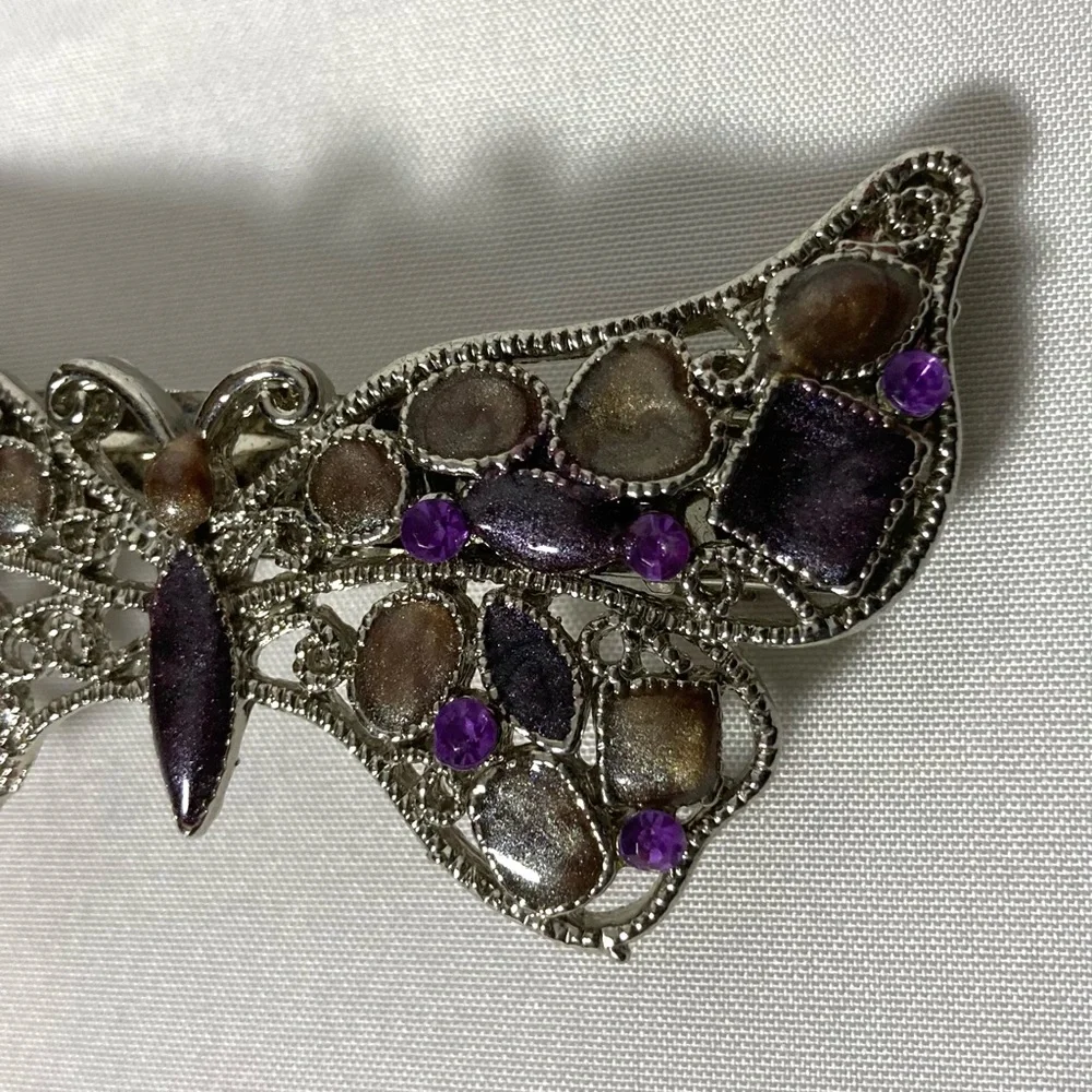 Metal Silver Curlicue Butterfly Barrette with Purple and Brown Glittery Stones - Picture 7 of 9